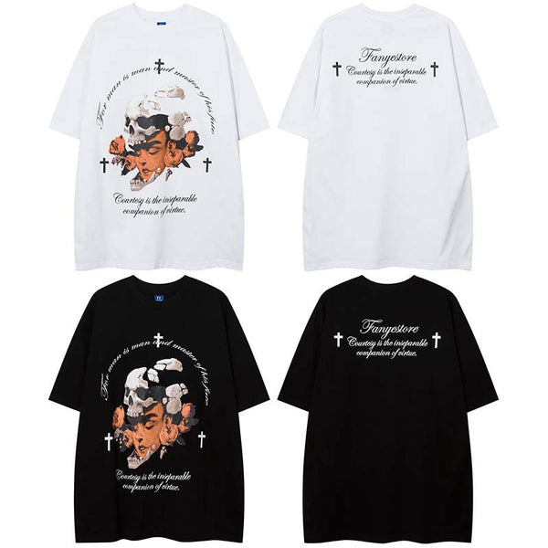 American Street Retro Double Yarn Dark Skull Letter Print Short-sleeved T-shirt Casual Men