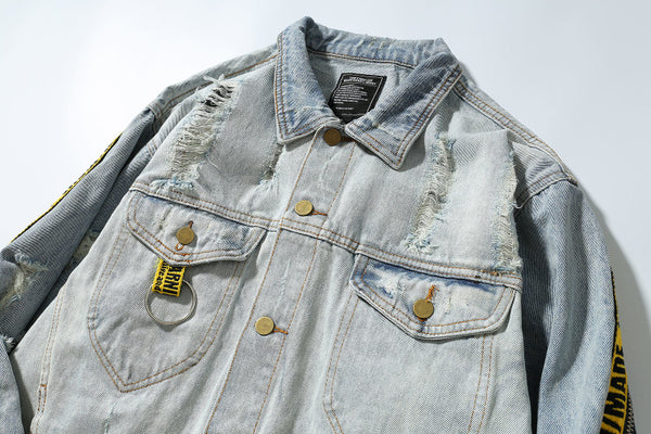 Broken hole retro hip hop denim jacket loose stitching ribbon casual men and women tide brand jacket